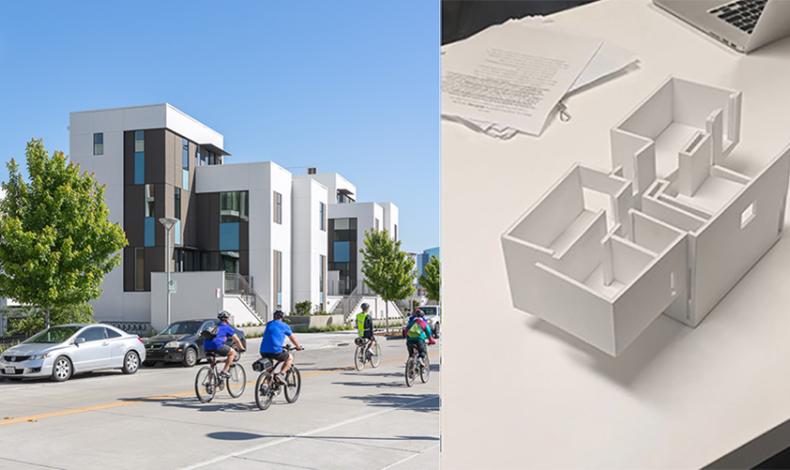 two images side by side. on left a street scene in daytime, on right a architectural model